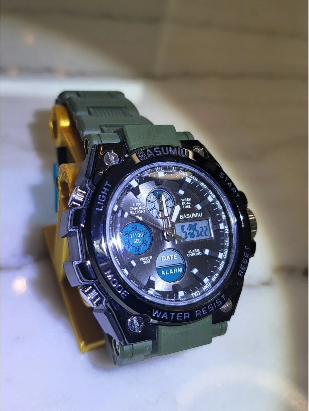 Basumiu Men's Digital Watch Tactical Military GLOWS! Dual Display NWT 8.75
